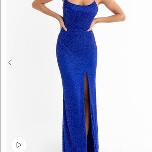 Primavera Couture royal blue beaded prom dress